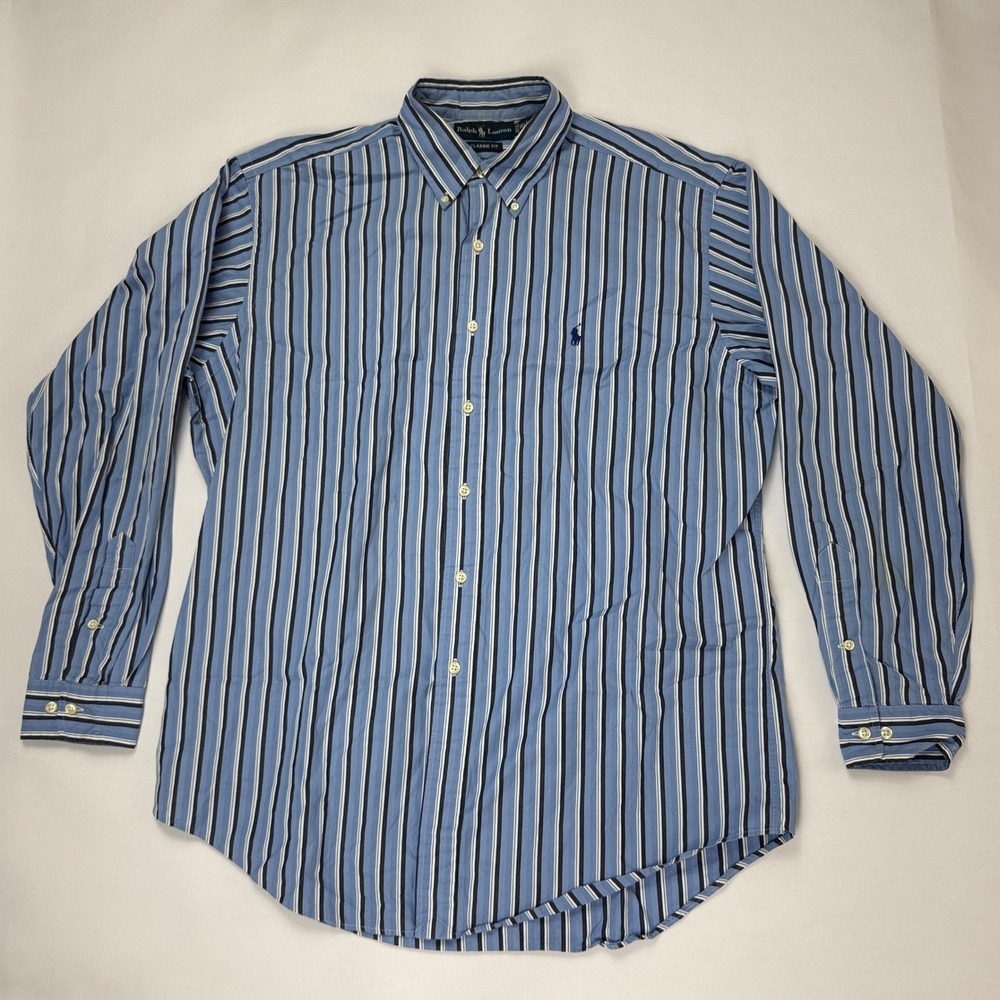 Vintage Polo Ralph‎ Lauren Blue Striped Shirt L 16.5 Fits 50" Chest Oversized